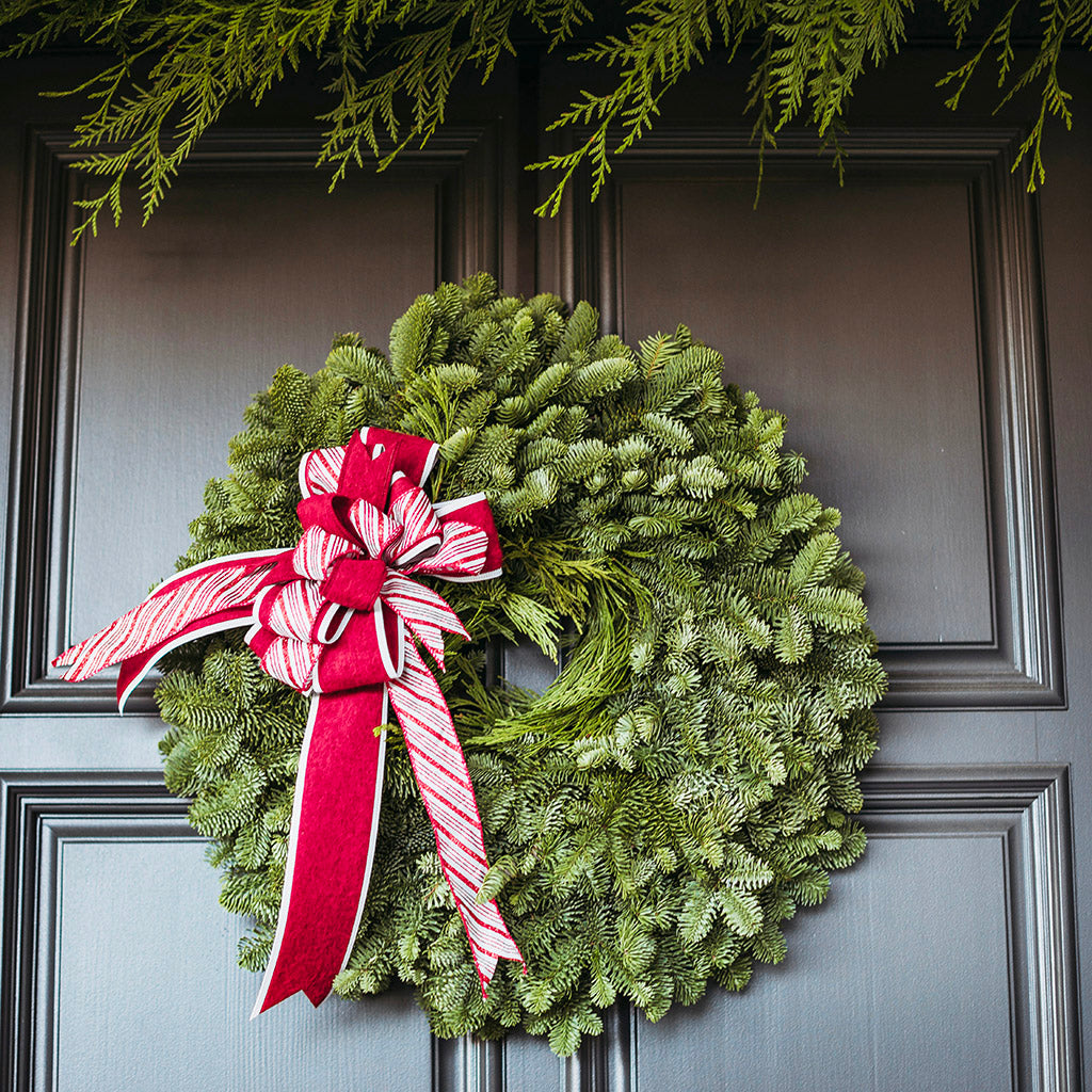 Green Christmas wreath with a red and white bow on a dark door