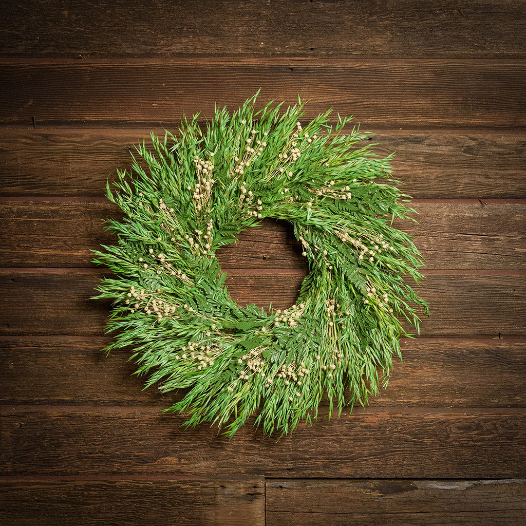 A dried wreath made of natural green oats, preserved fern, and ivory flax pods hung on a dark wood background.