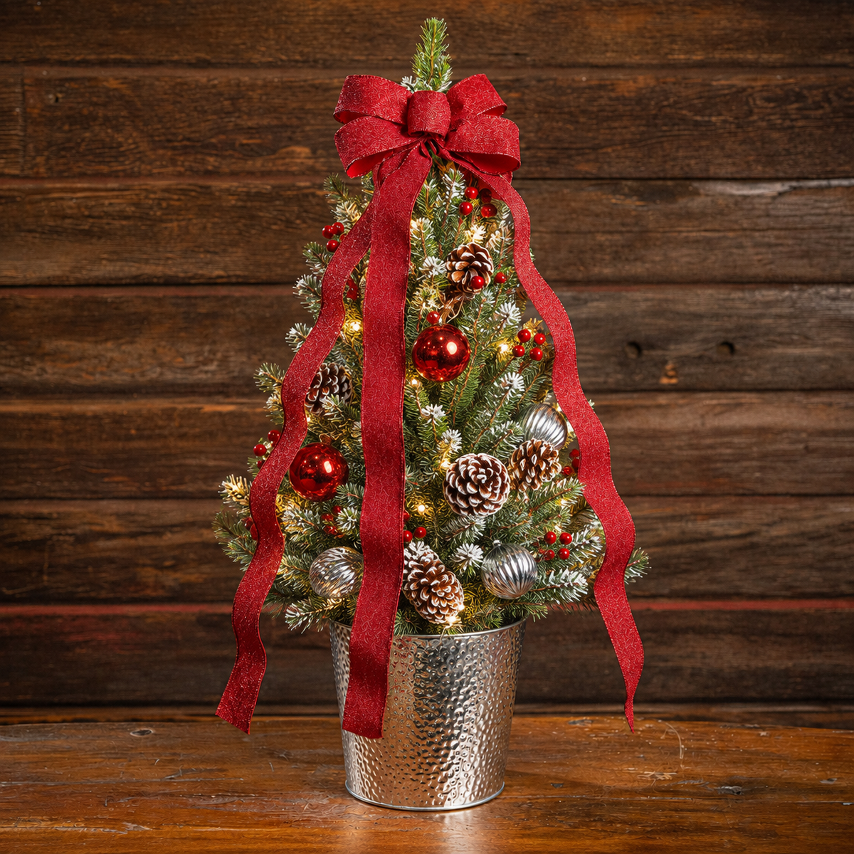 A small artificial Christmas tree in a hammered silver bucket, decorated with a large red ribbon bow, red ornaments, silver pinecones, and warm white string lights, set against a dark wood plank background.