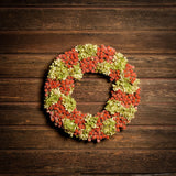 A dried wreath made of dried limelight hydrangea and strawberry globe amaranthus on a dark wooden background.