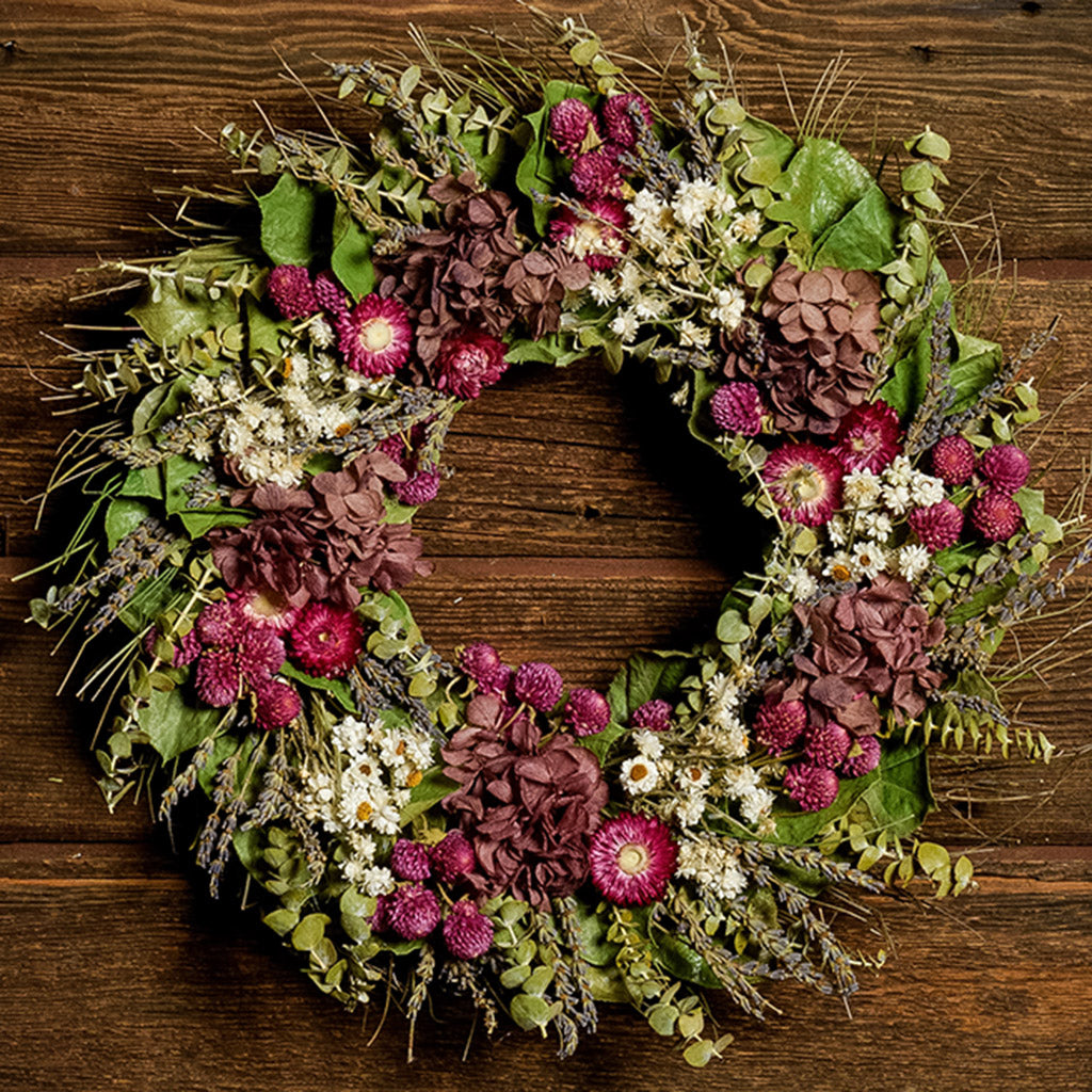 A close-up of a dried wreath made of natural salal leaves, purple globe amaranthus branches, English lavender, white daisies, fuchsia strawflowers, and preserved violet-colored hydrangeas on a willow twig base hung on a dark wood background.