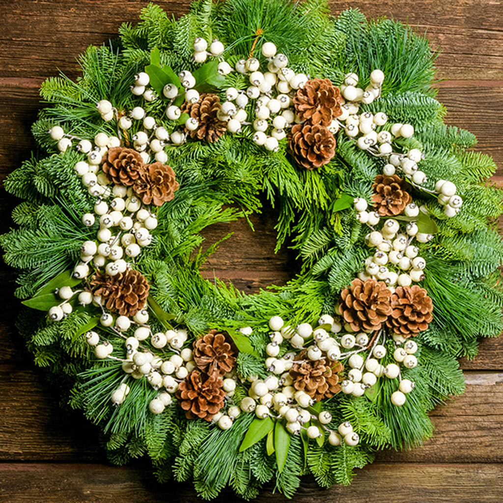 Holiday wreath made of noble fir, incense cedar, white pine, and bay leaf with faux white berries and leaves, and Australian pine cones close up