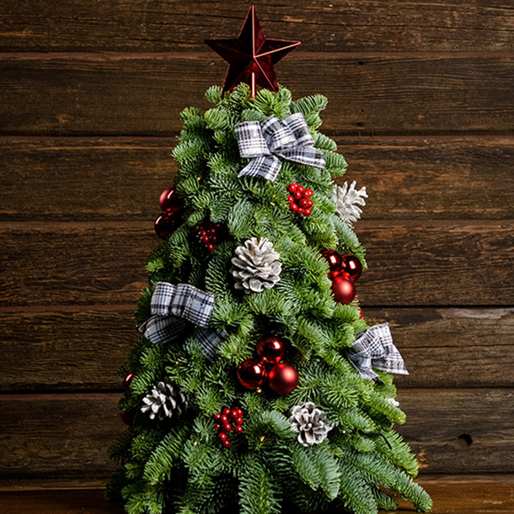 18” miniature tree decorated with white and black plaid bows, shiny red balls and berries, frosted pinecones and topped with a shiny red star tree-topper with a dark wood background.