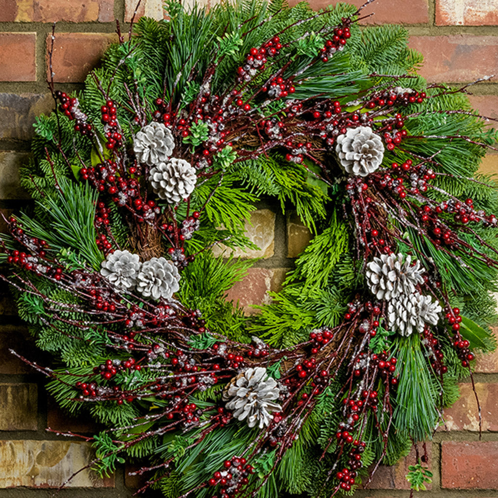 Christmas wreath made of noble fir, cedar, white pine, and bay leaves with 9 frosted Australian pine cones, and a ring of frosted branches with faux burgundy berries