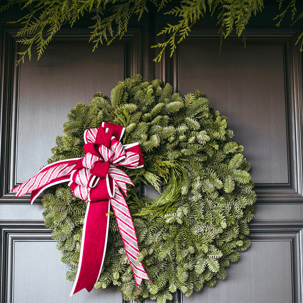 Green Christmas wreath with a red and white bow on a dark door