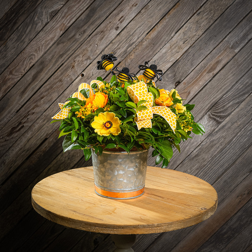 Fresh salal and green huckleberry with faux orange and yellow poppy flowers, faux yellow wax flowers, bumblebees, and a yellow honeycomb bow in a galvanized metal pot