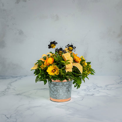 Fresh salal and green huckleberry with faux orange and yellow poppy flowers, faux yellow wax flowers, bumblebees, and a yellow honeycomb bow in a galvanized metal pot