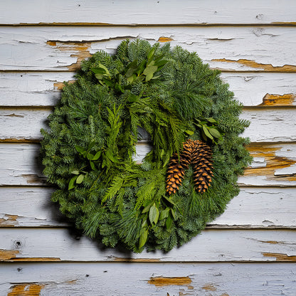 Christmas wreath with bay leaves, pine cones with no bow