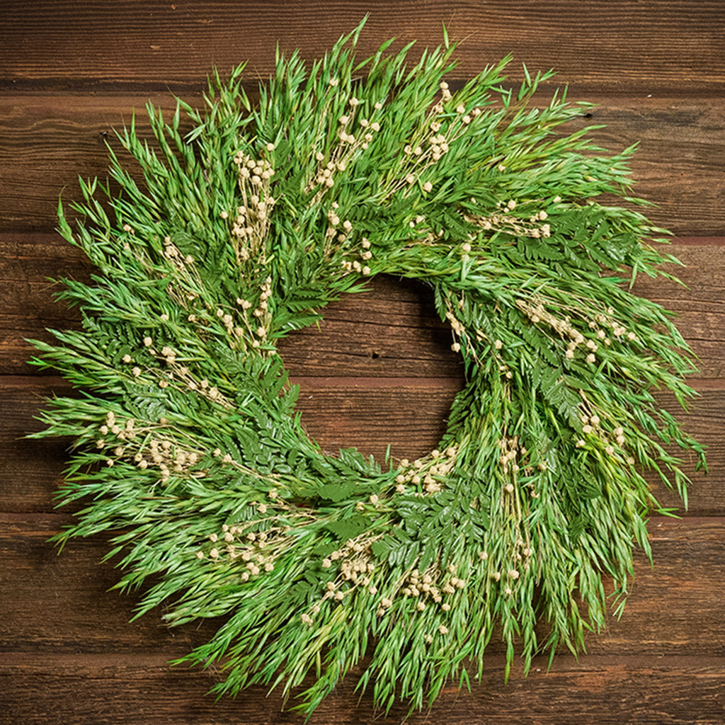 A close-up of a dried wreath made of natural Green Oats, Preserved Fern, and Ivory Flax Pods hung on a dark wood background.