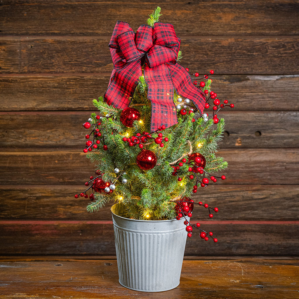 A small artificial Christmas tree in a galvanized metal bucket, decorated with a large red plaid bow, red ornaments, red berries, white berries, and warm white string lights, set against a rustic dark wood plank background.