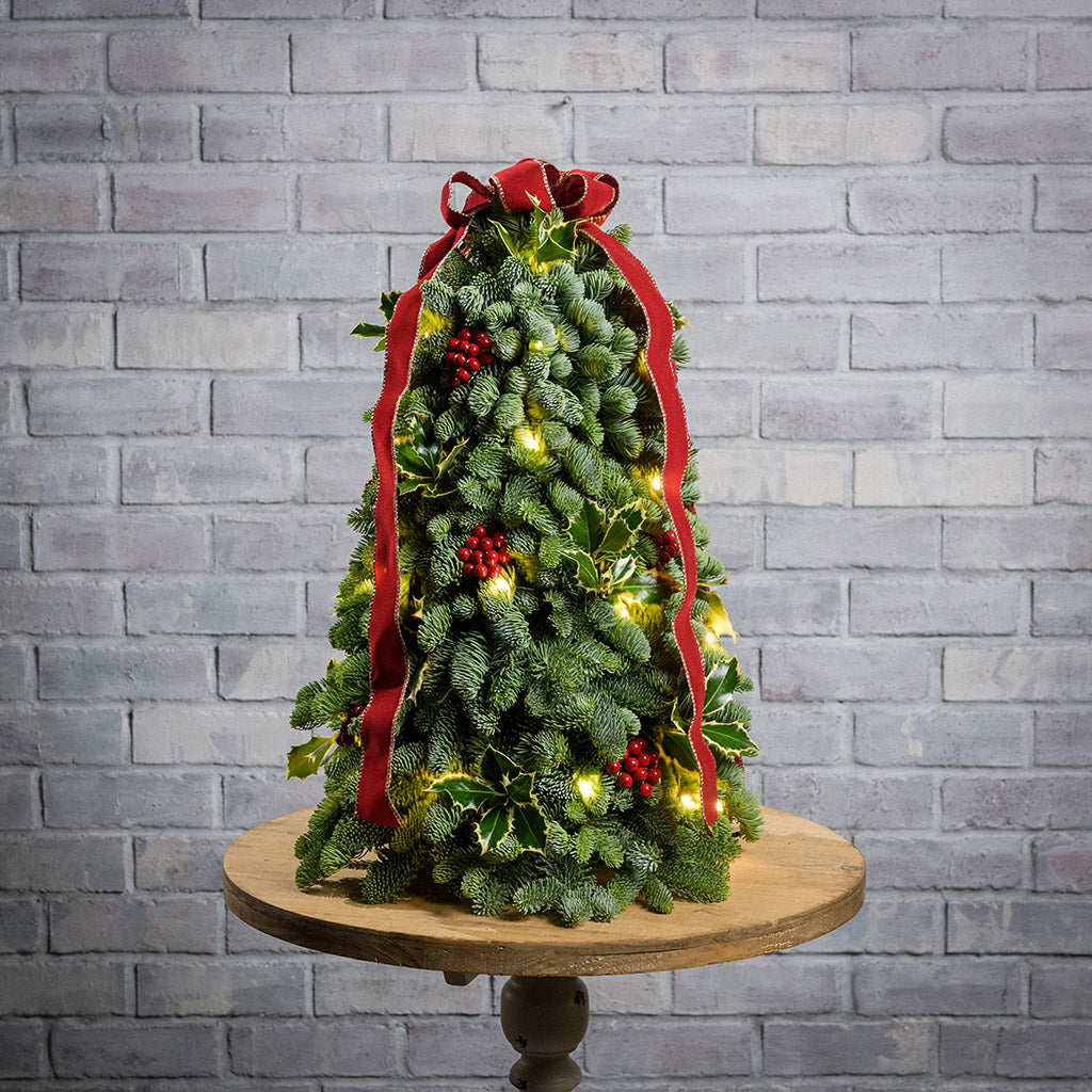 Fresh hand-assembled tabletop Christmas tree with fir, variegated holly, red berries and a red velveteen bow and white LEDs