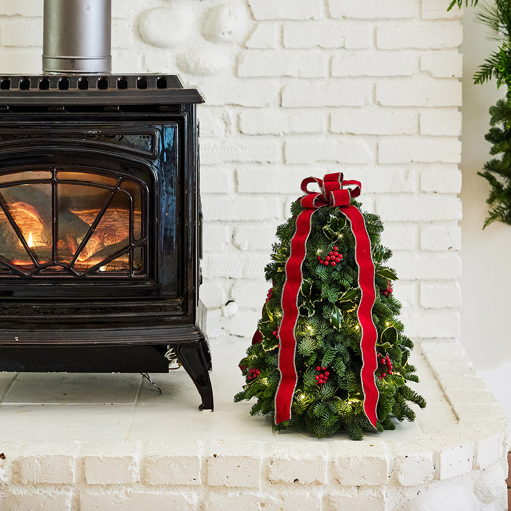 Fresh hand-assembled tabletop Christmas tree with fir, variegated holly, red berries and a red velveteen bow and white LEDs