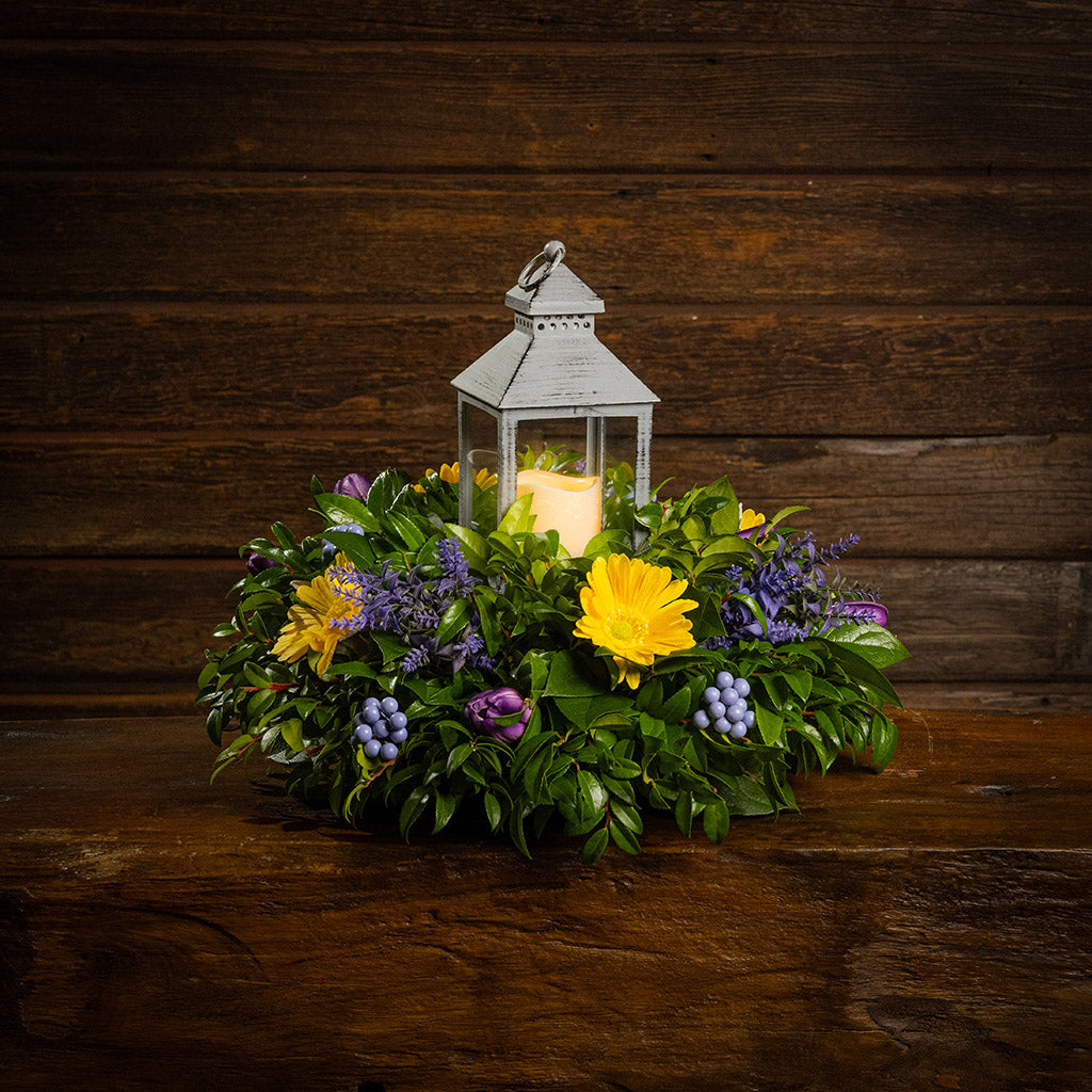 Fresh salal and green huckleberry with faux yellow gerbera daisies, faux purple tulips, faux lavender, and faux purple berries with a gray LED lantern