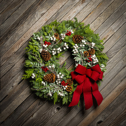 Christmas wreath with red bow on a wooden background