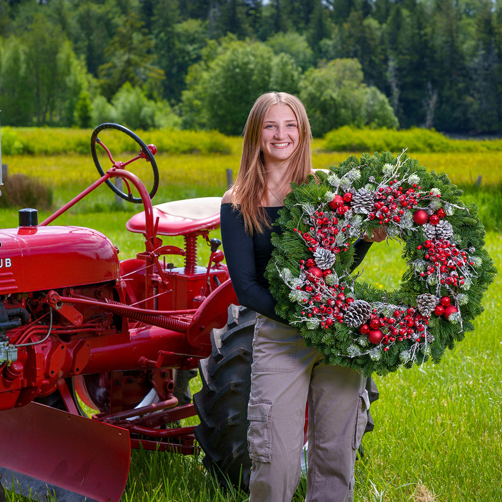 Red frosted berries and red balls on evergreen wreath