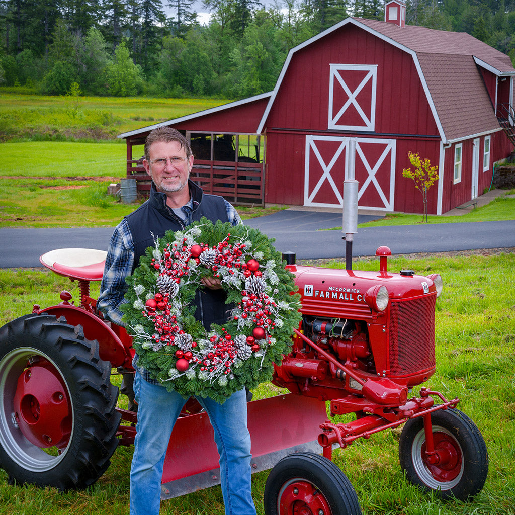 Red frosted berries and red balls on evergreen wreath