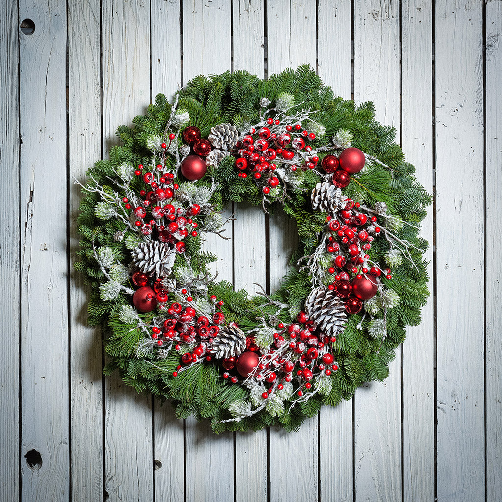 Deluxe Holiday Wreath 19 Inches Wide snowflakes, orders berries