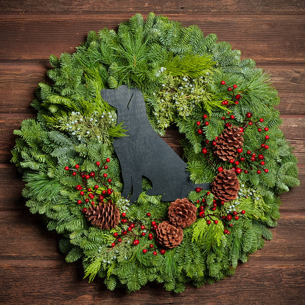 black lab cut out on evergreen wreath