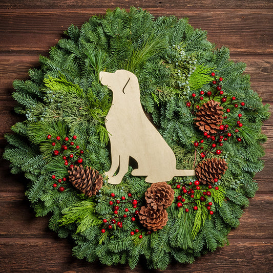 yellow lab cutout on evergreen wreath