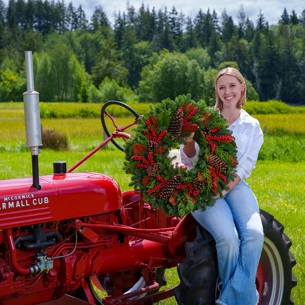 Red Berries and Magnolia on evergreen wreath