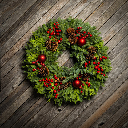 Christmas wreath with red berries and pine cones on a wooden background