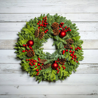 Christmas wreath with red berries, pine cones, and red balls on a wooden background