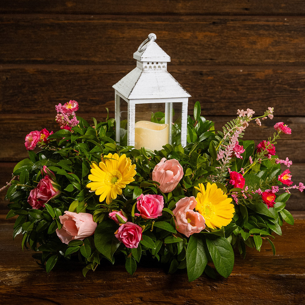 Fresh salal and green huckleberry with faux yellow gerbera daisies, faux mini pink roses, a mix of mini faux pink flowers, and faux tulips with a white LED lantern