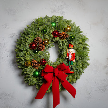 Decorative Christmas wreath with ornaments on a light gray background
