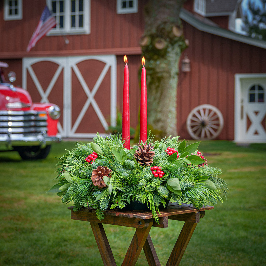 Centerpiece made of noble fir, pine, incense cedar and bay leaves with egg-sized ponderosa pine cones, red berry clusters, and 2 red 12" taper candles