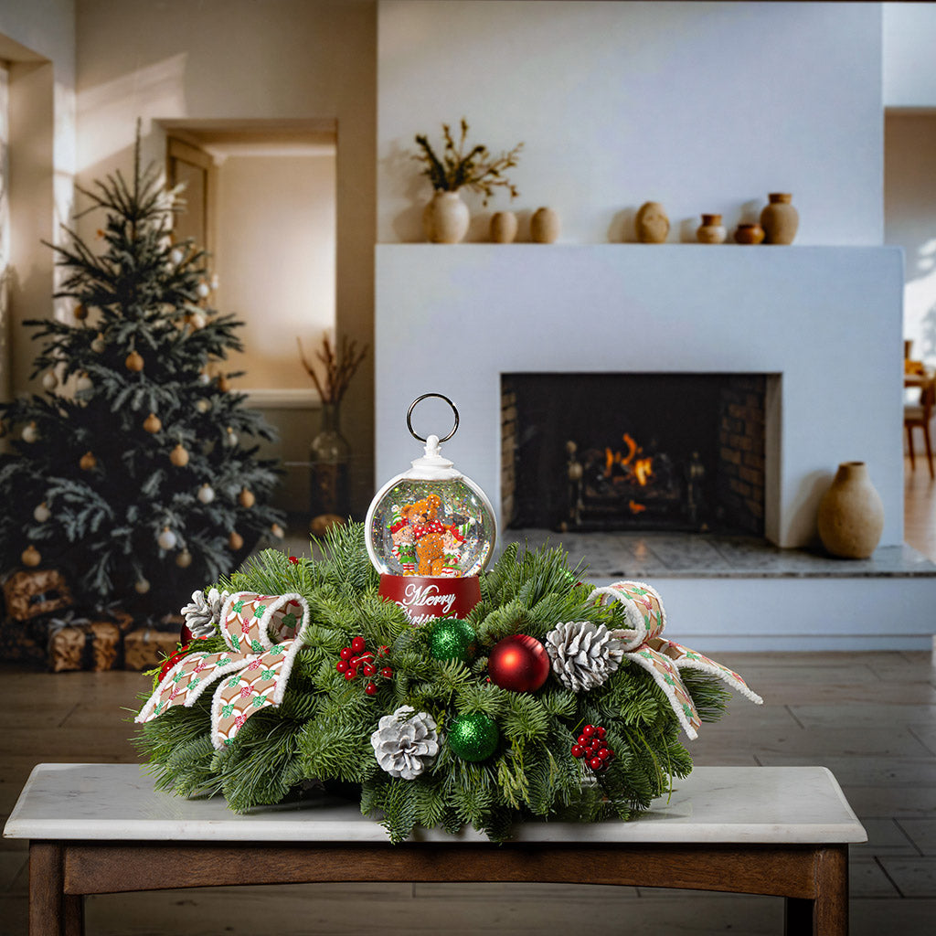 noble fir, cedar, and pine with green-and-red glittery ball ornaments, frosted pinecones, faux red berries, pink-and-green gumdrop-themed bow tucks, and a red holiday-themed water globe