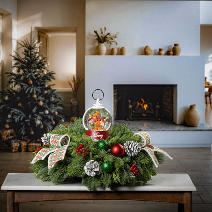 noble fir, cedar, and pine with green-and-red glittery ball ornaments, frosted pinecones, faux red berries, pink-and-green gumdrop-themed bow tucks, and a red holiday-themed water globe