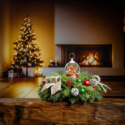 noble fir, cedar, and pine with green-and-red glittery ball ornaments, frosted pinecones, faux red berries, pink-and-green gumdrop-themed bow tucks, and a red holiday-themed water globe