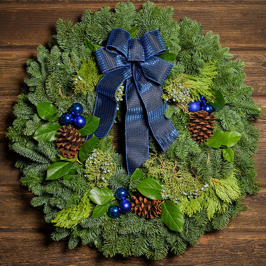 Blue Bow with Blue Balls on evergreen wreath