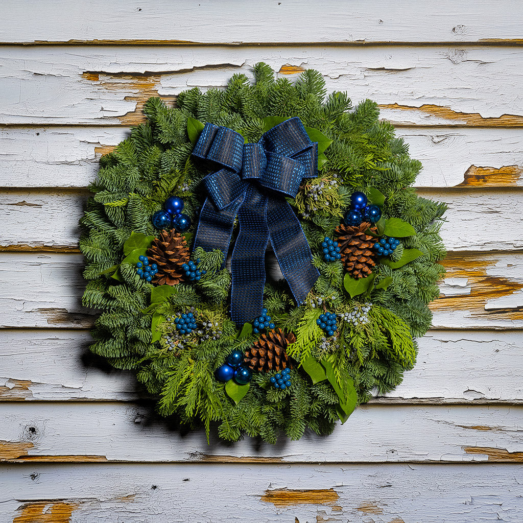 Blue Bow with Blue Balls and Berries on evergreen wreath