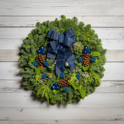 Blue Bow with Blue Balls and Berries on evergreen wreath