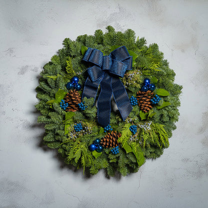 Blue Bow with Blue Balls and Berries on evergreen wreath