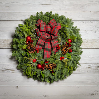 Plaid Bow with Red Balls and Berries on evergreen wreath