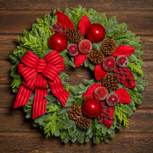 Christmas wreath with red berries, pine cones, and a red bow on a wooden background