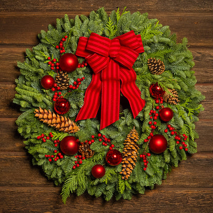 Christmas wreath with red bow, pine cones, and berries on a wooden background