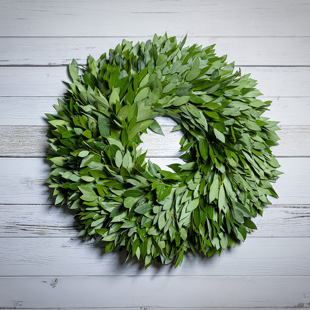 Green leafy wreath on a white wooden background