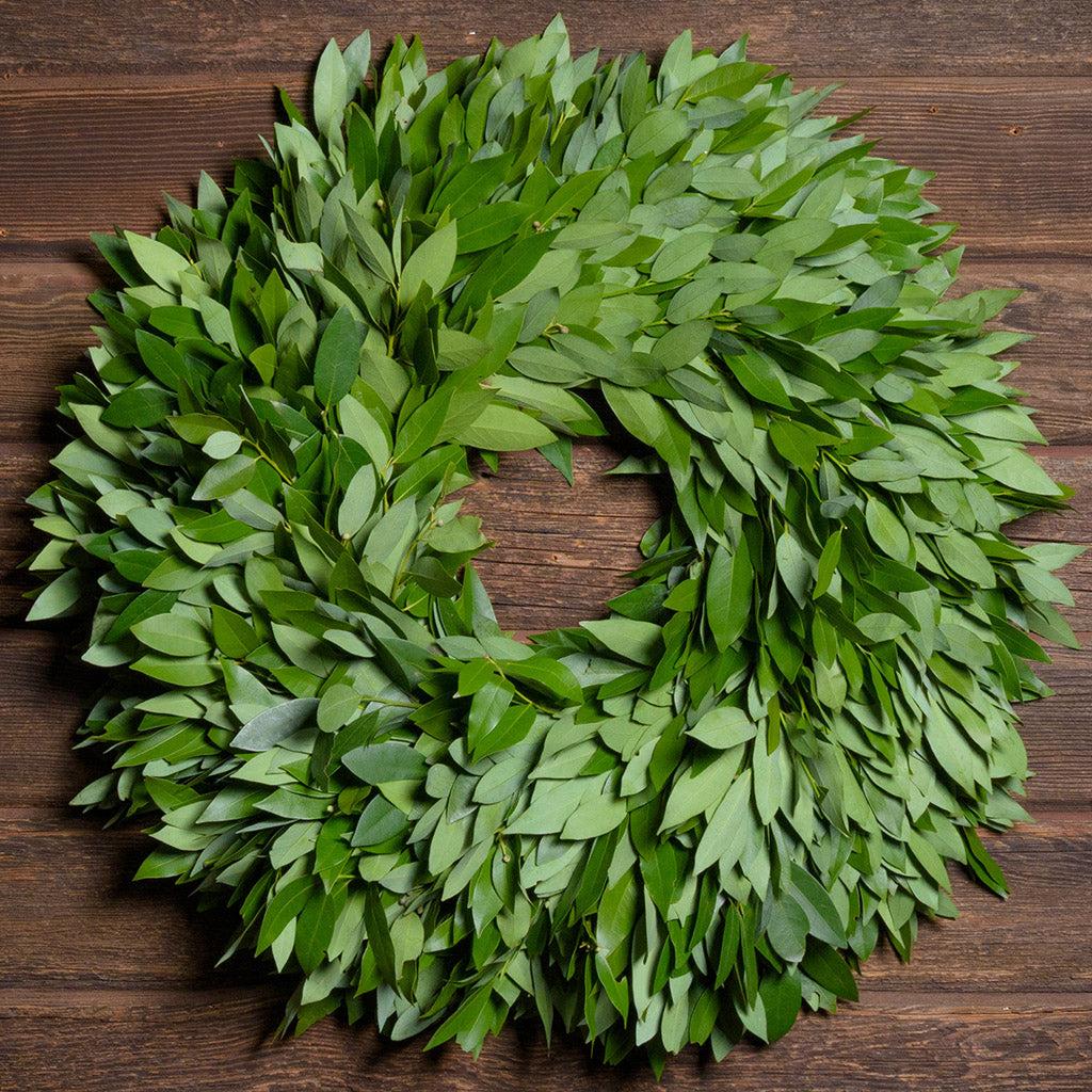 Green leaf wreath on a wooden background