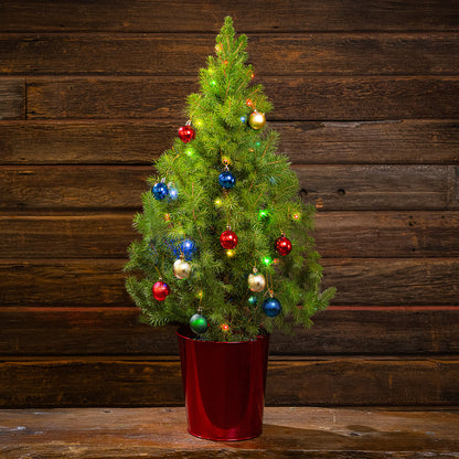 Decorated potted Christmas tree with colorful ornaments against a wooden background