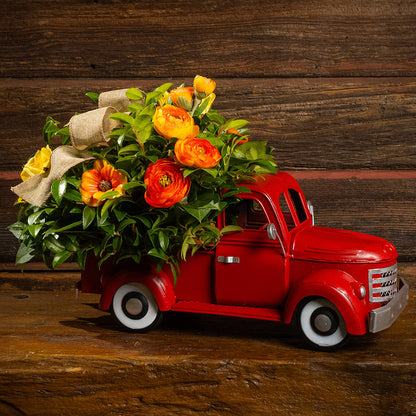 Fresh salal and green huckleberry with faux orange cosmos flowers, faux mini yellow roses, faux orange ranunculus flowers, and a natural linen bow in a red metal truck container