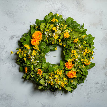 Fresh salal and sweet huckleberry with faux orange and yellow ranunculus, white wax flowers, and other mixed yellow flowers