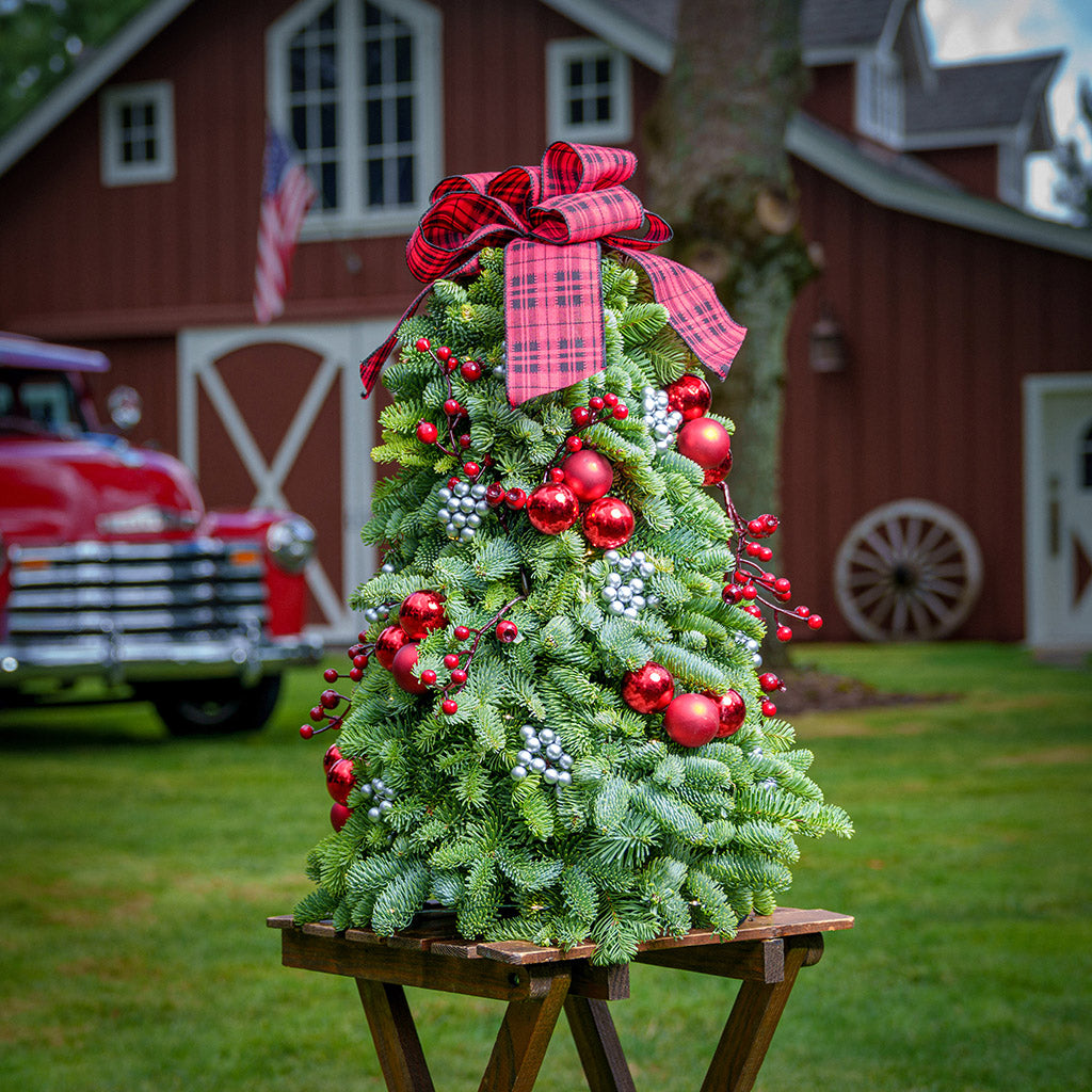 Assembled tree of noble fir,red ornaments, silver berries, red berry branch and a red and black tartan bow