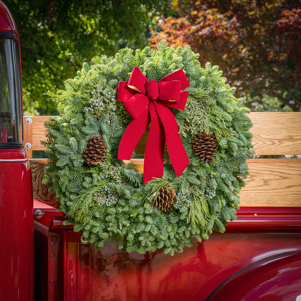 Christmas wreath made of fir, pine, cedar and juniper with pine cones and a gold-backed red velveteen bow