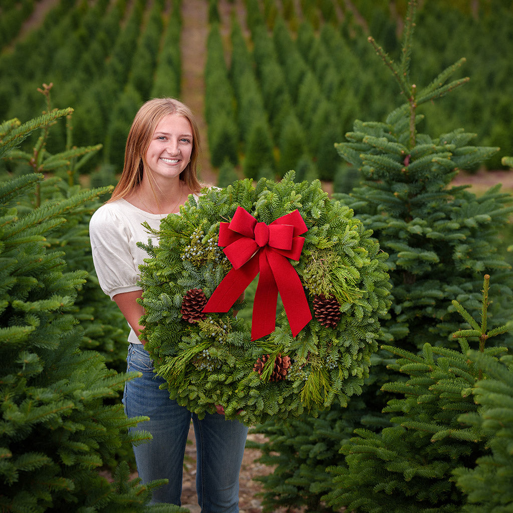 Christmas wreath made of fir, pine, cedar and juniper with pine cones and a gold-backed red velveteen bow