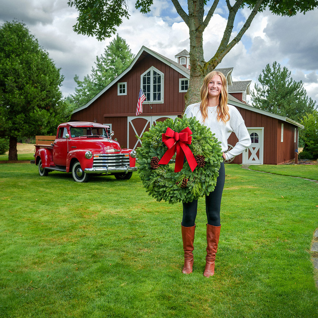 Christmas wreath made of fir, pine, cedar and juniper with pine cones and a gold-backed red velveteen bow