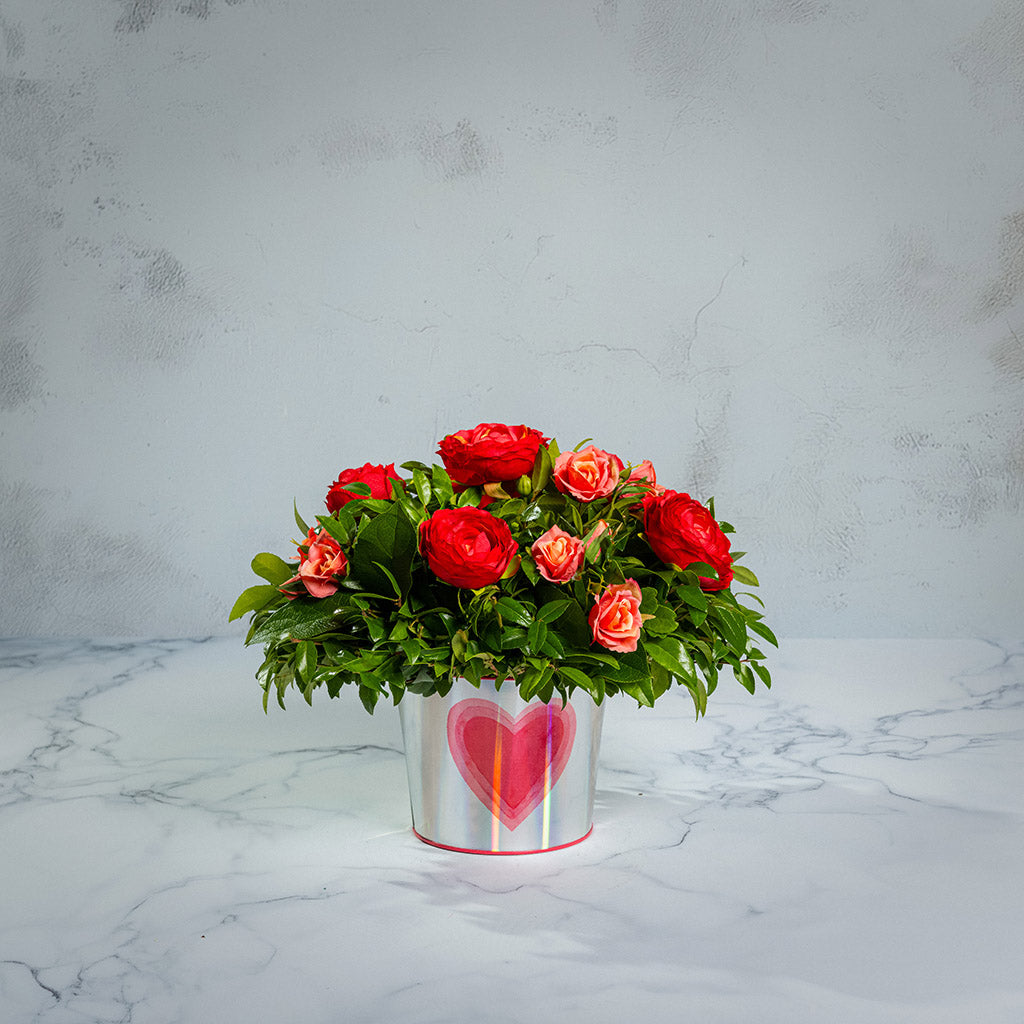 Salal and huckleberry with faux red ranunculus flowers and faux peach roses in a silver metal container adorned with hearts