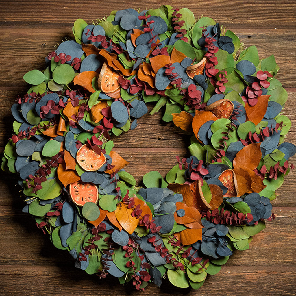 A close-up of a dried wreath made of preserved green silver dollar eucalyptus leaves mixed with preserved blue silver dollar eucalyptus leaves, red preserved spiral eucalyptus, preserved salal leaves in amber color, and dried natural orange quince slices hung on a dark wood background.